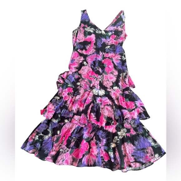 All that Jazz Dresses & Skirts - Vintage 80s Drop Waist Ruffle Dress Floral Pink Black Purple All That Jazz